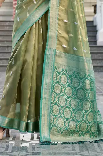 olive tissue silk blend saree with unstitched blouse piece