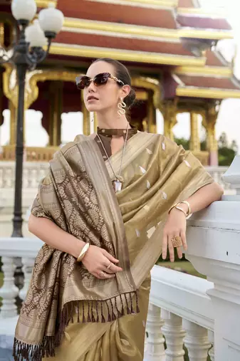 chiku tissue silk blend saree with unstitched blouse piece