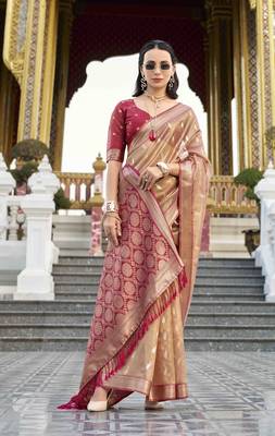 rust tissue silk blend saree with unstitched blouse piece 1