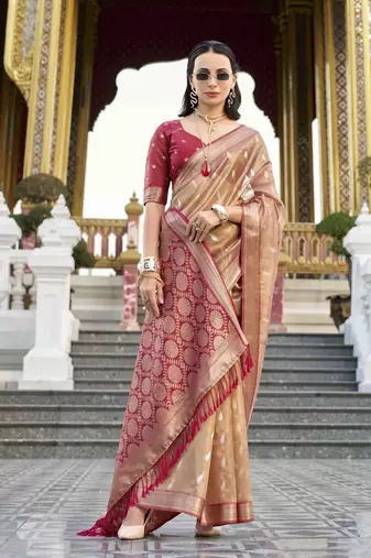 rust tissue silk blend saree with unstitched blouse piece