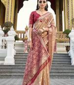 rust tissue silk blend saree with unstitched blouse piece