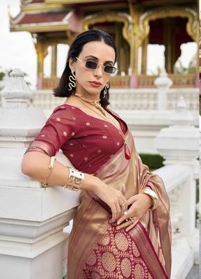 rust tissue silk blend saree with unstitched blouse piece 2