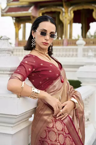 rust tissue silk blend saree with unstitched blouse piece