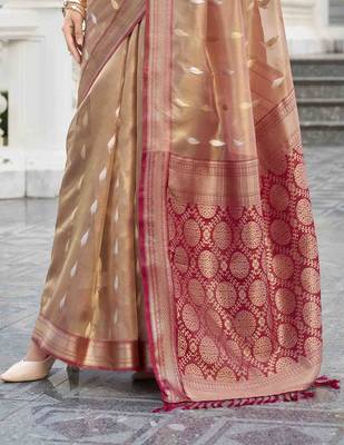 rust tissue silk blend saree with unstitched blouse piece 3