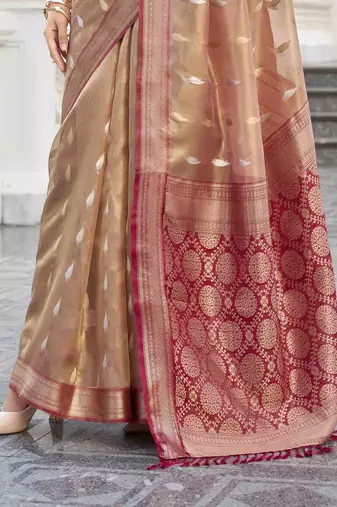 rust tissue silk blend saree with unstitched blouse piece