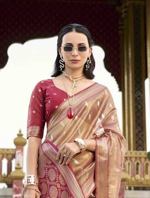 rust tissue silk blend saree with unstitched blouse piece 4