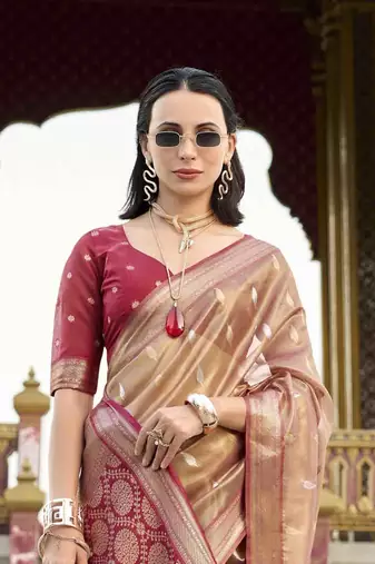 rust tissue silk blend saree with unstitched blouse piece