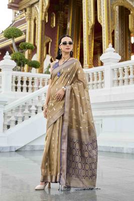 khaki tissue silk blend saree with unstitched blouse piece 1