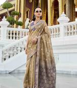 khaki tissue silk blend saree with unstitched blouse piece