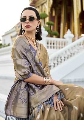 khaki tissue silk blend saree with unstitched blouse piece 2