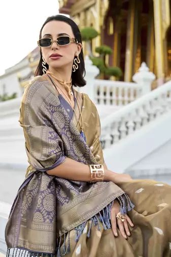 khaki tissue silk blend saree with unstitched blouse piece