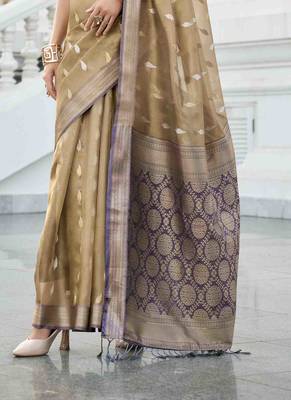 khaki tissue silk blend saree with unstitched blouse piece 3