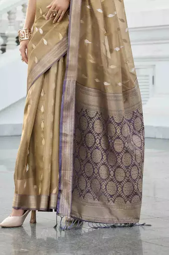khaki tissue silk blend saree with unstitched blouse piece