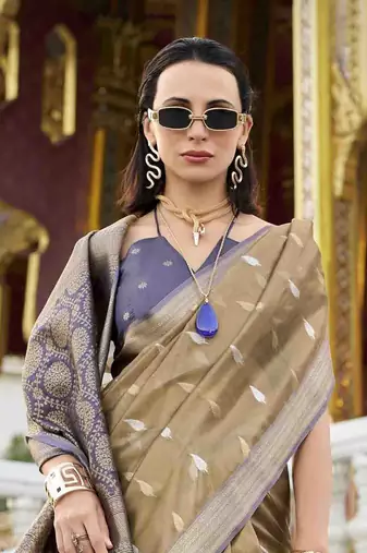 khaki tissue silk blend saree with unstitched blouse piece
