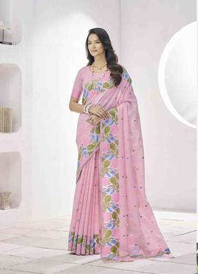 pink linen silk blend saree with unstitched blouse piece 1