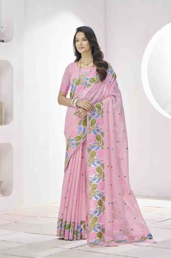 pink linen silk blend saree with unstitched blouse piece
