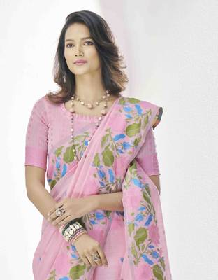 pink linen silk blend saree with unstitched blouse piece 2