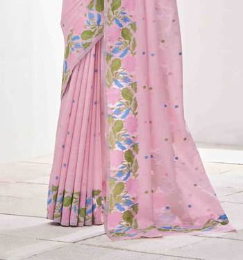 pink linen silk blend saree with unstitched blouse piece 3