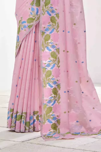 pink linen silk blend saree with unstitched blouse piece