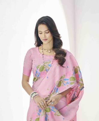 pink linen silk blend saree with unstitched blouse piece 4