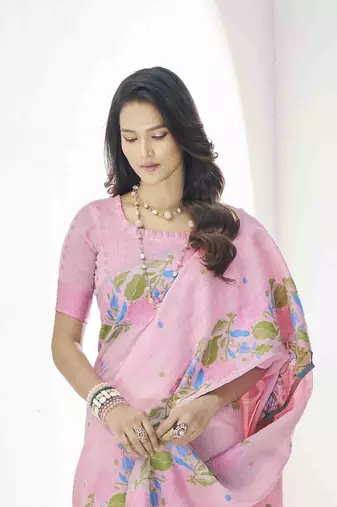 pink linen silk blend saree with unstitched blouse piece