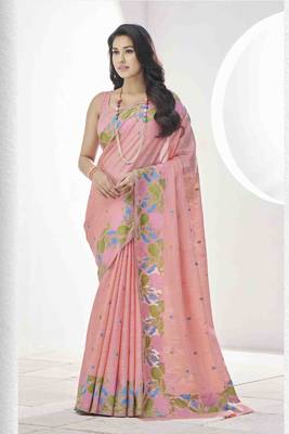 peach linen silk blend saree with unstitched blouse piece 1