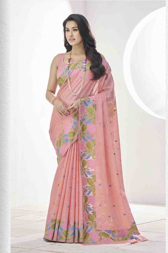peach linen silk blend saree with unstitched blouse piece