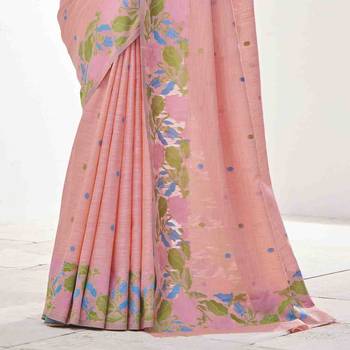 peach linen silk blend saree with unstitched blouse piece 3
