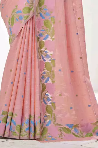 peach linen silk blend saree with unstitched blouse piece