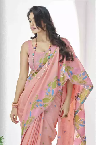 peach linen silk blend saree with unstitched blouse piece