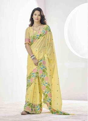 lemon linen silk blend saree with unstitched blouse piece 1