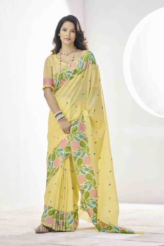 lemon linen silk blend saree with unstitched blouse piece