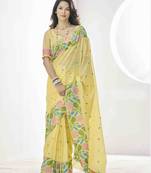 lemon linen silk blend saree with unstitched blouse piece