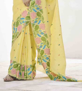 lemon linen silk blend saree with unstitched blouse piece 3