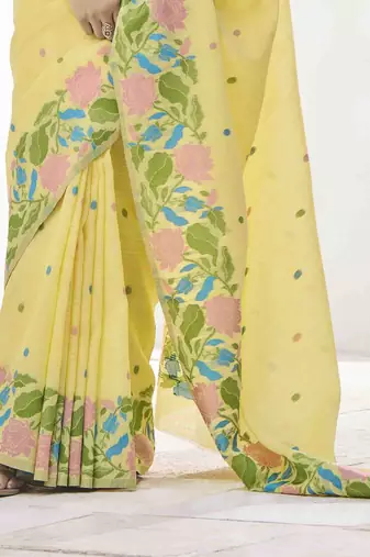 lemon linen silk blend saree with unstitched blouse piece