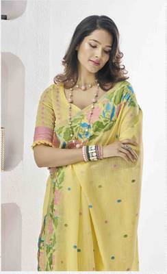 lemon linen silk blend saree with unstitched blouse piece 4