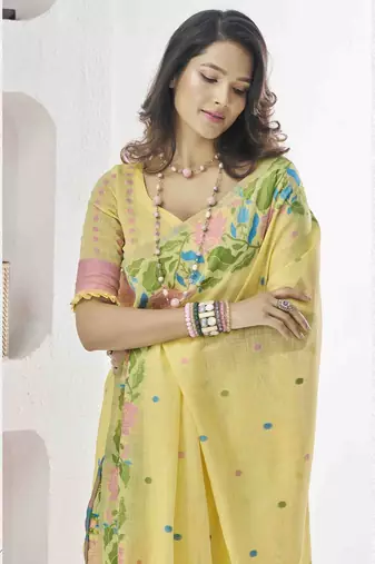 lemon linen silk blend saree with unstitched blouse piece