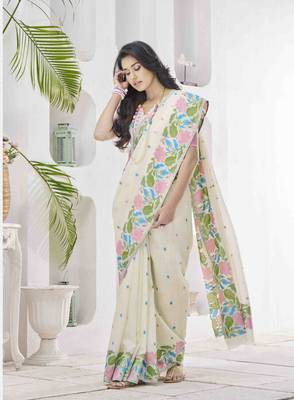 off white linen silk blend saree with unstitched blouse piece 1