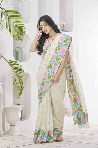 off white linen silk blend saree with unstitched blouse piece