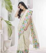 off white linen silk blend saree with unstitched blouse piece