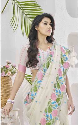 off white linen silk blend saree with unstitched blouse piece 2