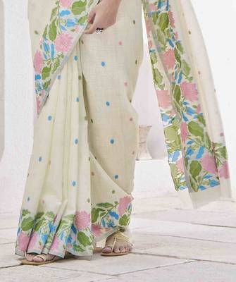off white linen silk blend saree with unstitched blouse piece 3