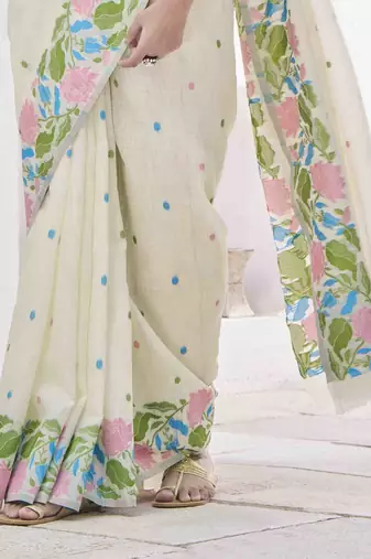 off white linen silk blend saree with unstitched blouse piece