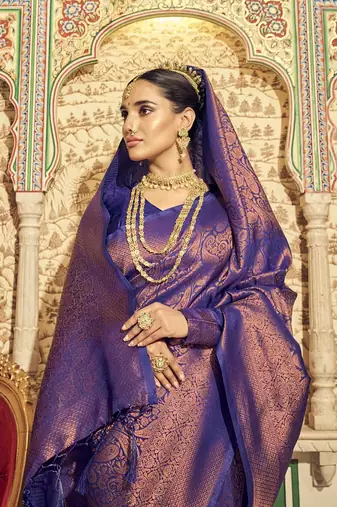 indigo kanchipuram silk blend saree with unstitched blouse piece