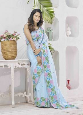 sky blue linen silk blend saree with unstitched blouse piece 1