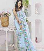 sky blue linen silk blend saree with unstitched blouse piece