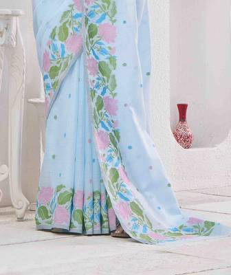 sky blue linen silk blend saree with unstitched blouse piece 3