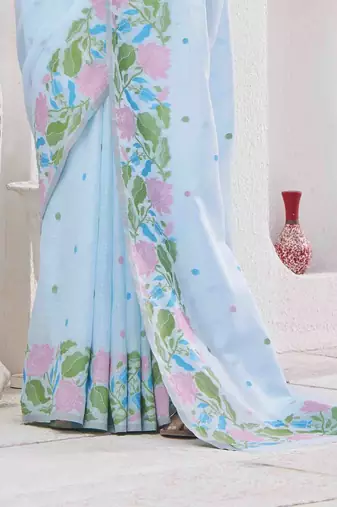 sky blue linen silk blend saree with unstitched blouse piece