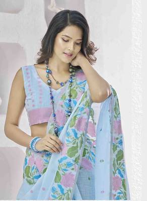 sky blue linen silk blend saree with unstitched blouse piece 4
