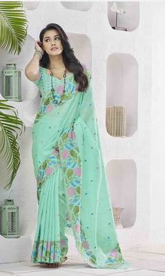 sea green linen silk blend saree with unstitched blouse piece 1